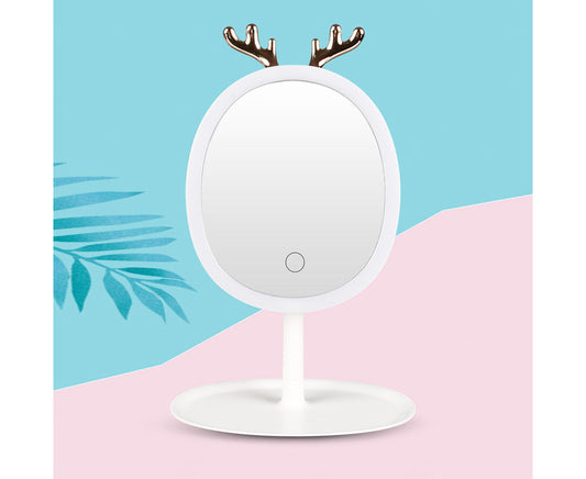 NNEAGS White Cosmetic Jewelry Storage Organiser with Antler LED Light Mirror Tabletop Vanity Set-1