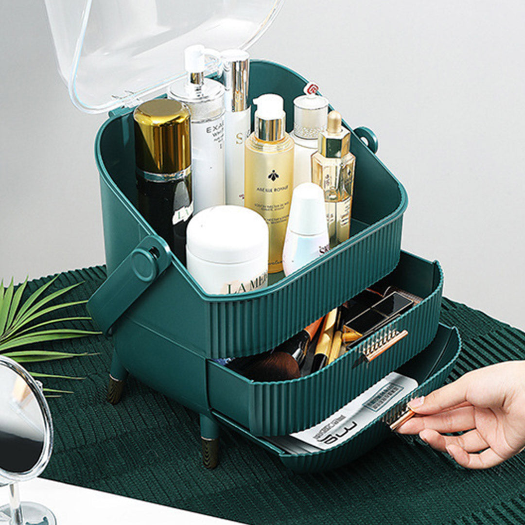NNEAGS 29cm Green Countertop Makeup Cosmetic Storage Organiser Skincare Holder Jewelry Storage Box with Handle-1