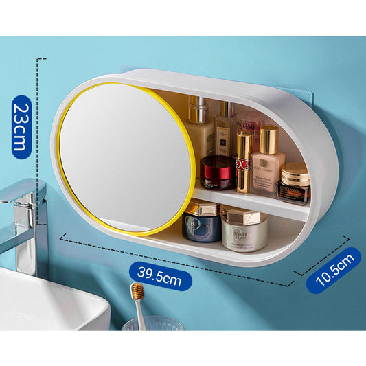 NNEAGS 2X 39cm Oval Wall-Mounted Mirror Storage Box Vanity Mirror Rack Bathroom Adhesive Shelf Home Organiser Decor-1