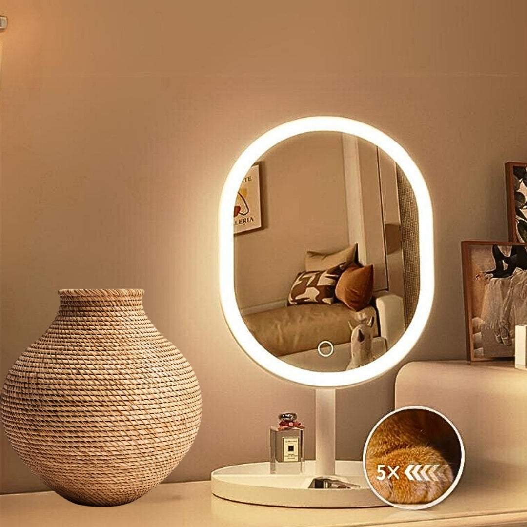 NNEAGS 26cm White Oval Smart LED Makeup Bedroom Table Vanity Mirror Tricolor Adjustable Light-2