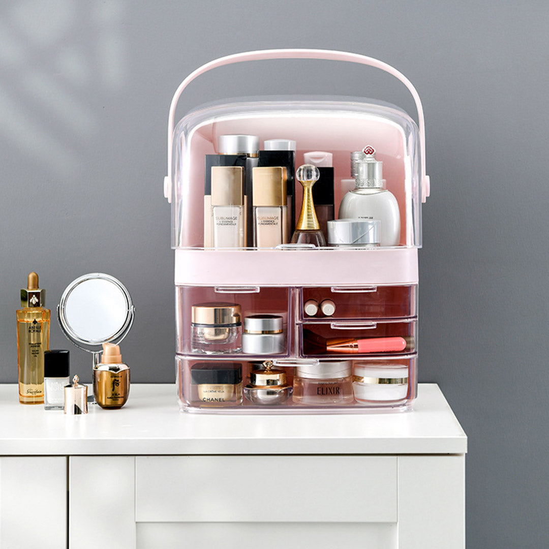 NNEAGS 3 Tier Pink Countertop Makeup Cosmetic Storage Organiser Skincare Holder Jewelry Storage Box with Handle-2