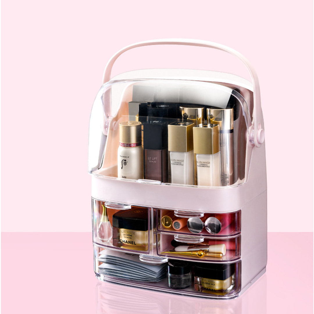 NNEAGS 3 Tier Pink Countertop Makeup Cosmetic Storage Organiser Skincare Holder Jewelry Storage Box with Handle-3