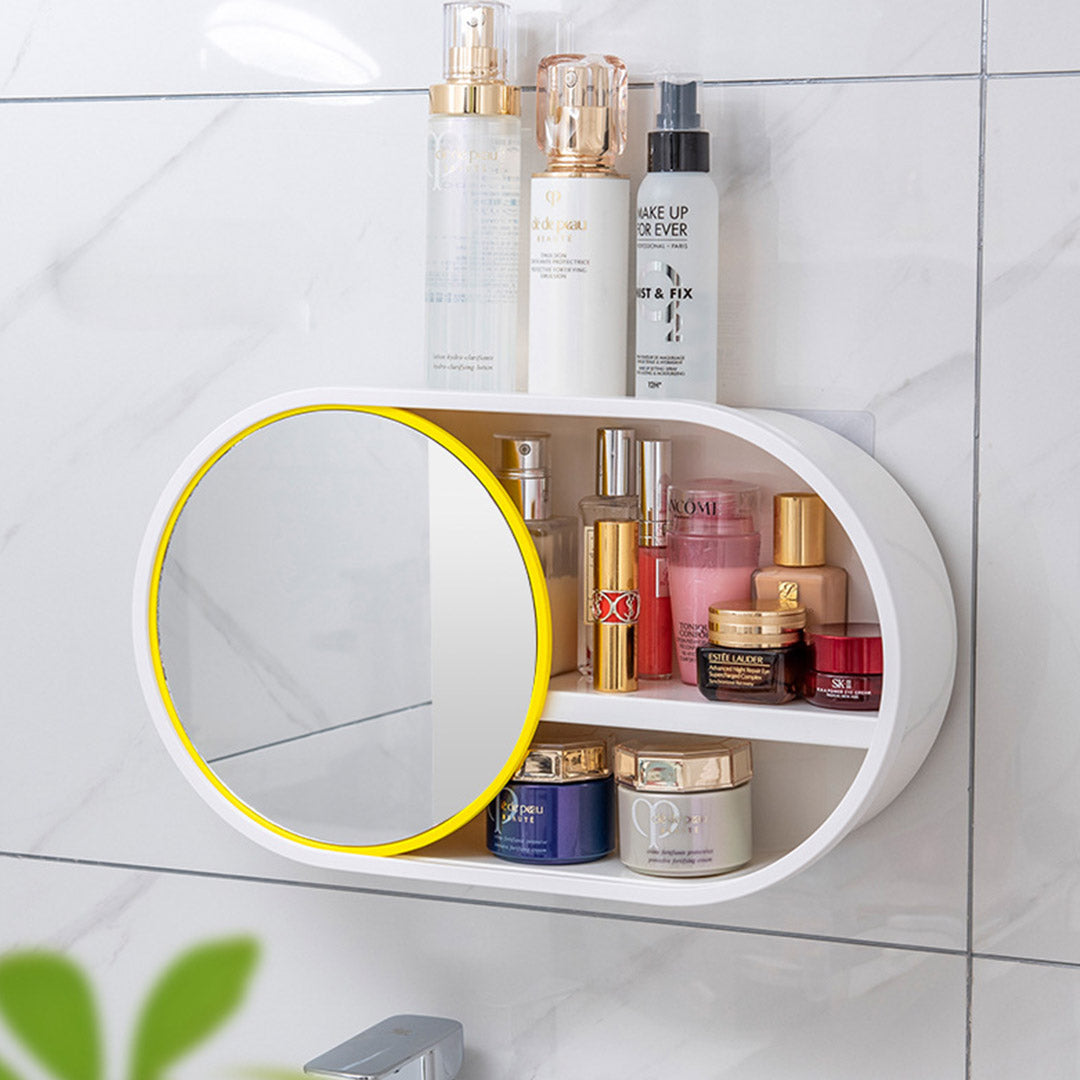 NNEAGS 2X 39cm Oval Wall-Mounted Mirror Storage Box Vanity Mirror Rack Bathroom Adhesive Shelf Home Organiser Decor-3