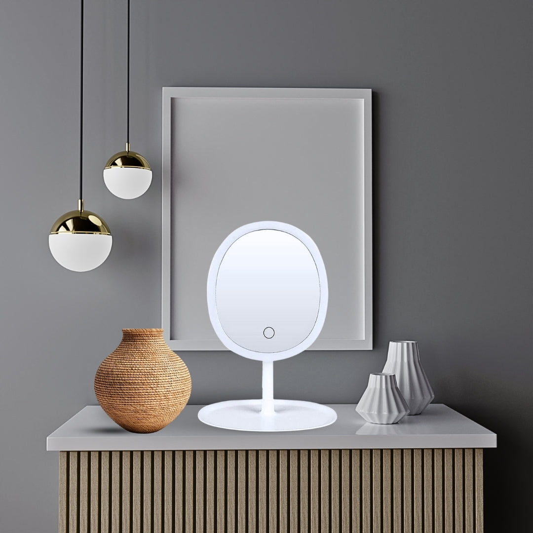 NNEAGS 26cm White Oval Smart LED Makeup Bedroom Table Vanity Mirror Tricolor Adjustable Light-4