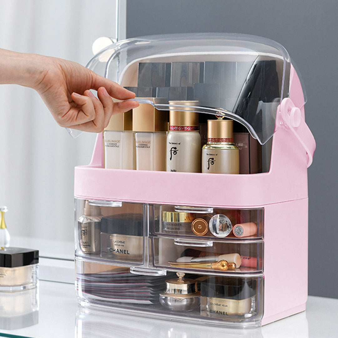 NNEAGS 3 Tier Pink Countertop Makeup Cosmetic Storage Organiser Skincare Holder Jewelry Storage Box with Handle-4