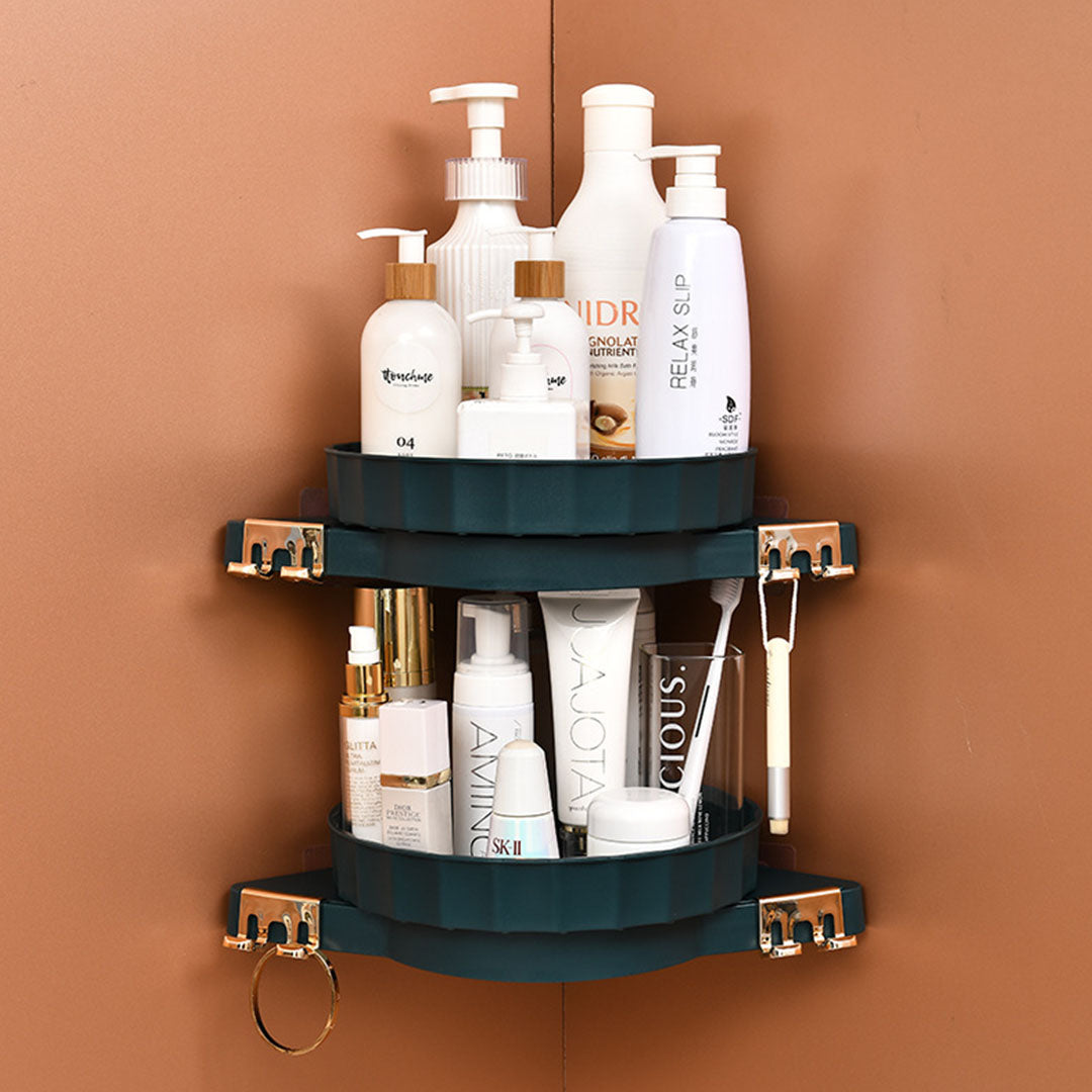 NNEAGS 2X Green 360 Degree Wall-Mounted Rotating Bathroom Organiser Corner Vanity Rack Toilet Adhesive Storage Shelf-2