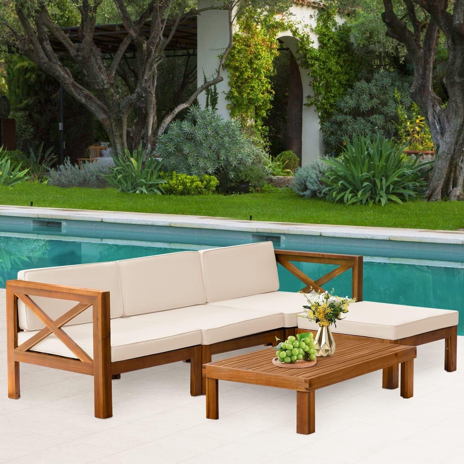 5-Piece Acacia Wood Outdoor Sofa Set Patio Bistro Set Furniture Outdoor Chat Conversation Table Chair Set with Water Resistant Cushions and Coffee Table for Beach Backyard Garden-1