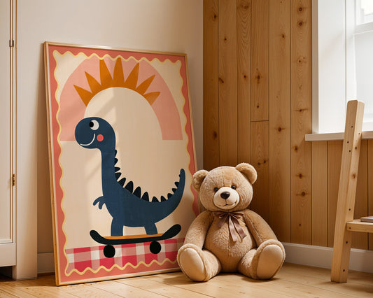 Poster Kinderzimmer Dino · Skateboard & Sonne · Lustiger Dinosaurier · Boho Farben · Geschenkidee für Kinder · Deko Print ohne Rahmen-1