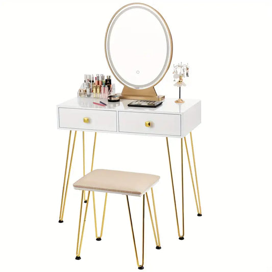 Elegant White Dressing Table Stool Set with LED Oval Mirror-0