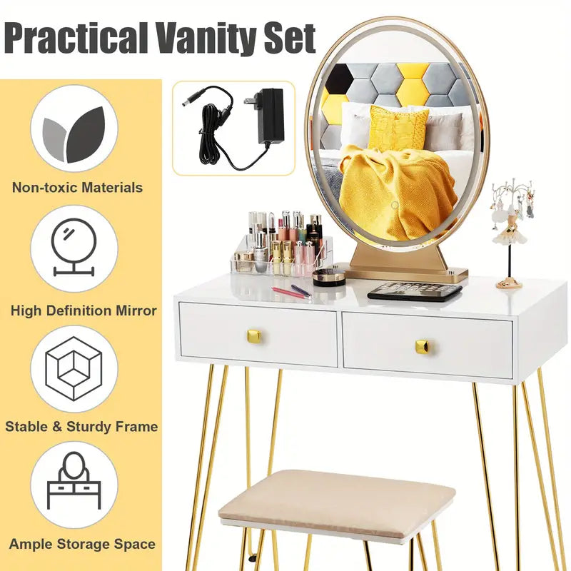 Elegant White Dressing Table Stool Set with LED Oval Mirror-2