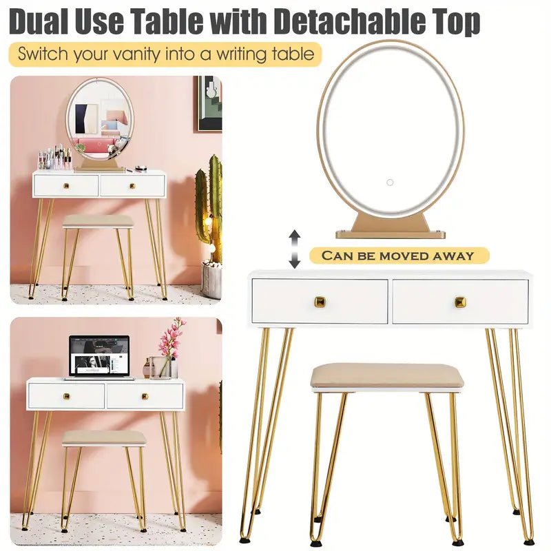 Elegant White Dressing Table Stool Set with LED Oval Mirror-4