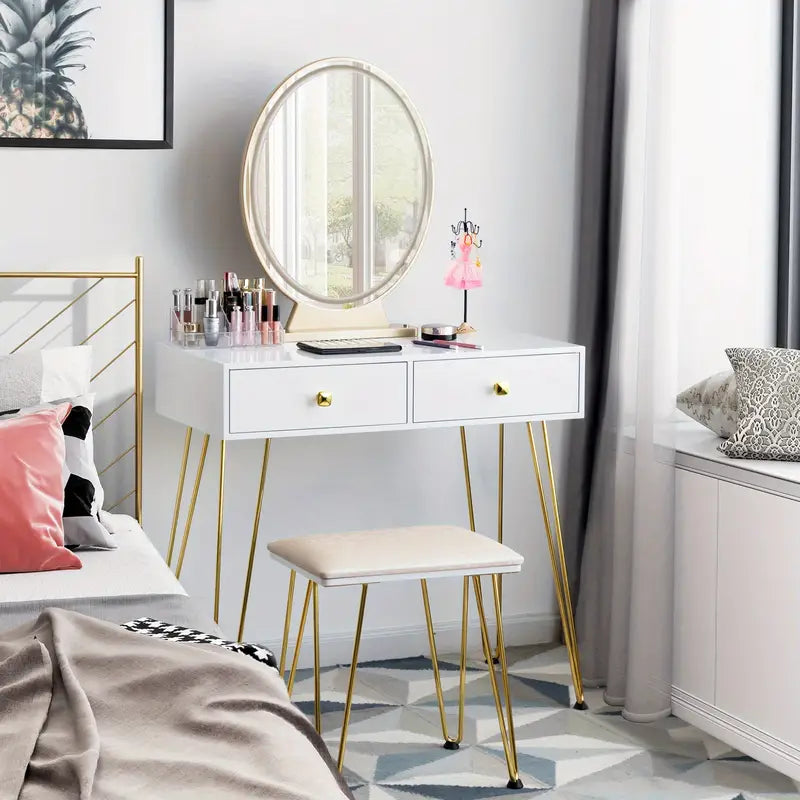 Elegant White Dressing Table Stool Set with LED Oval Mirror-3
