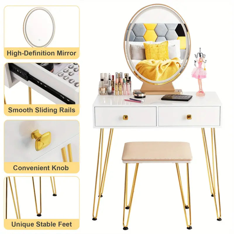 Elegant White Dressing Table Stool Set with LED Oval Mirror-1