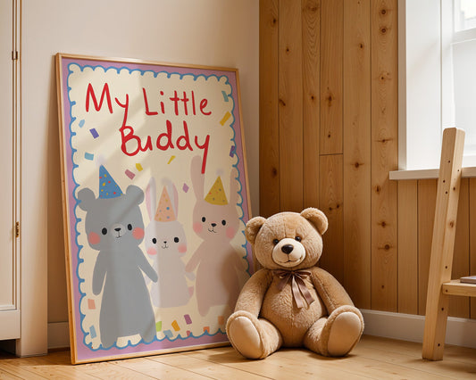 Poster Kinderzimmer Tiere · My Little Buddy · Bär & Hasen mit Partyhüten · Freundschaft & Spaß · Geschenkidee · Ohne Rahmen-1