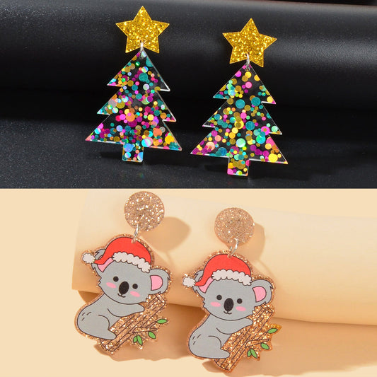 2 pairs Christmas Festival Jewelry Sequin Decor Acrylic Tree Koala Earrings set-0