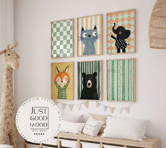 Poster Kinderzimmer Bär · Elefant · Fuchs · Katze · Geschenkidee für Kinder · Grün & Gelb · Waldtiere & Safari · Deko Print ohne Rahmen-1