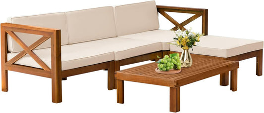 5-Piece Acacia Wood Outdoor Sofa Set Patio Bistro Set Furniture Outdoor Chat Conversation Table Chair Set with Water Resistant Cushions and Coffee Table for Beach Backyard Garden-0