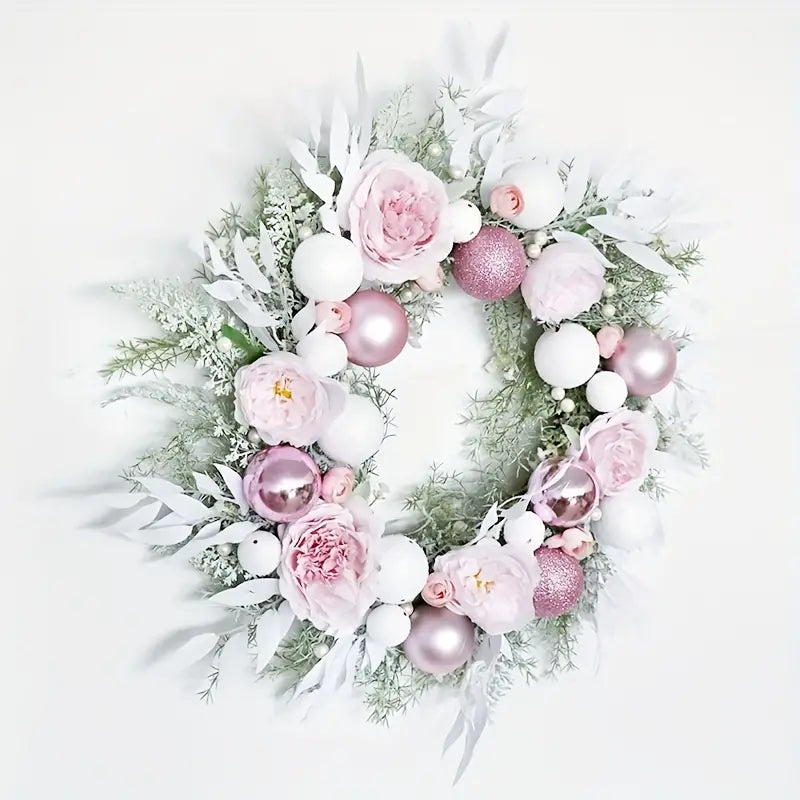 Blushing Elegance: A Pink Christmas Wreath Adorned with Baubles-3