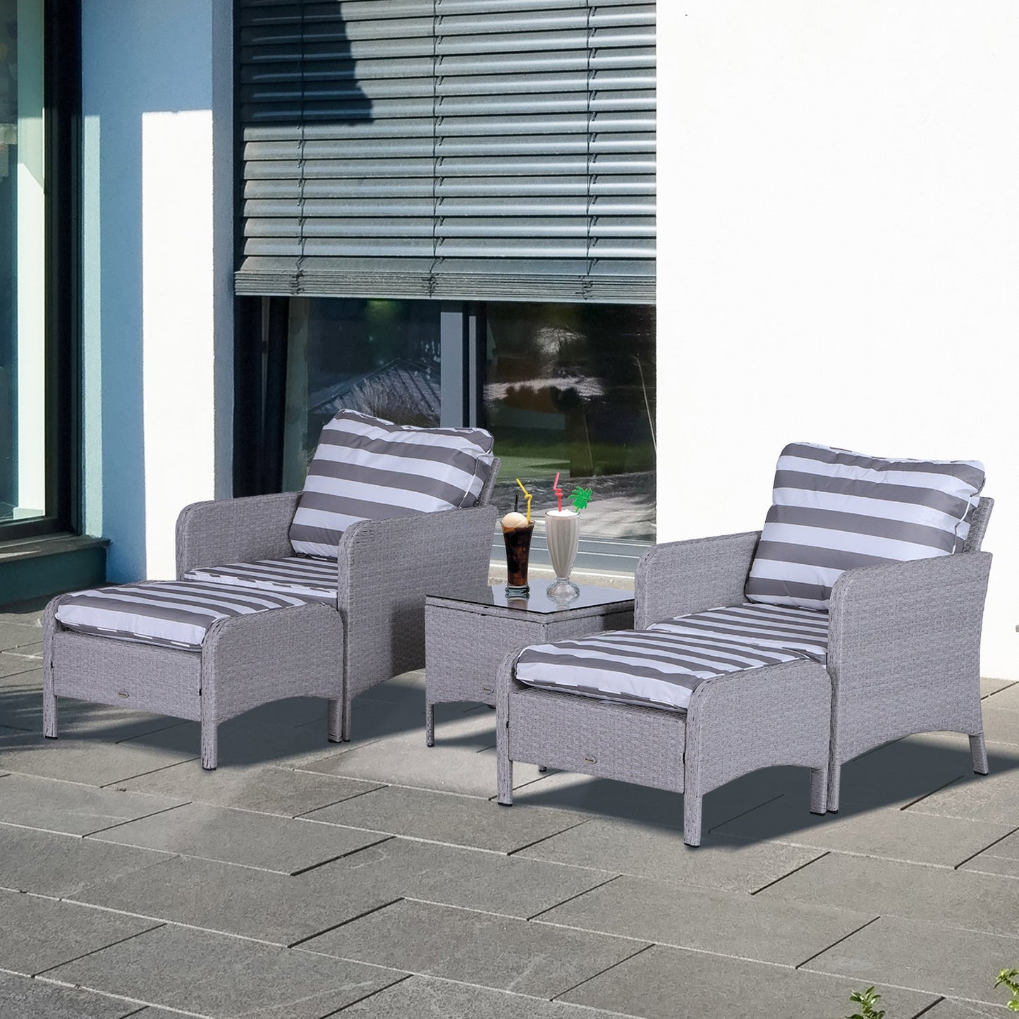 5 Piece PE Rattan Garden Furniture Set with Cushions and Glass Table - Grey-1