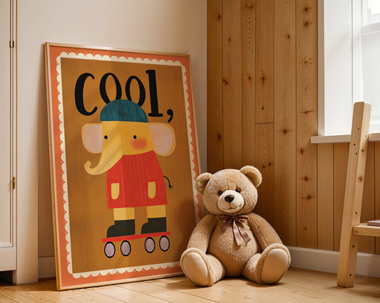 Poster Kinderzimmer Elefant · Cool auf Rollschuhen · Lustiges Tiermotiv · Retro Farben · Geschenkidee für Kinder · Ohne Rahmen-1