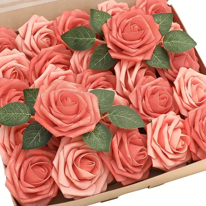 25-Piece Retro Deep and Light Coral Artificial Roses Set with Real Touch Feel-0
