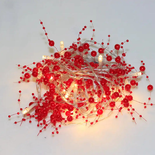 Red Pearl Chain String Lights - 20 LED Lighted Berry Beaded Garland-1