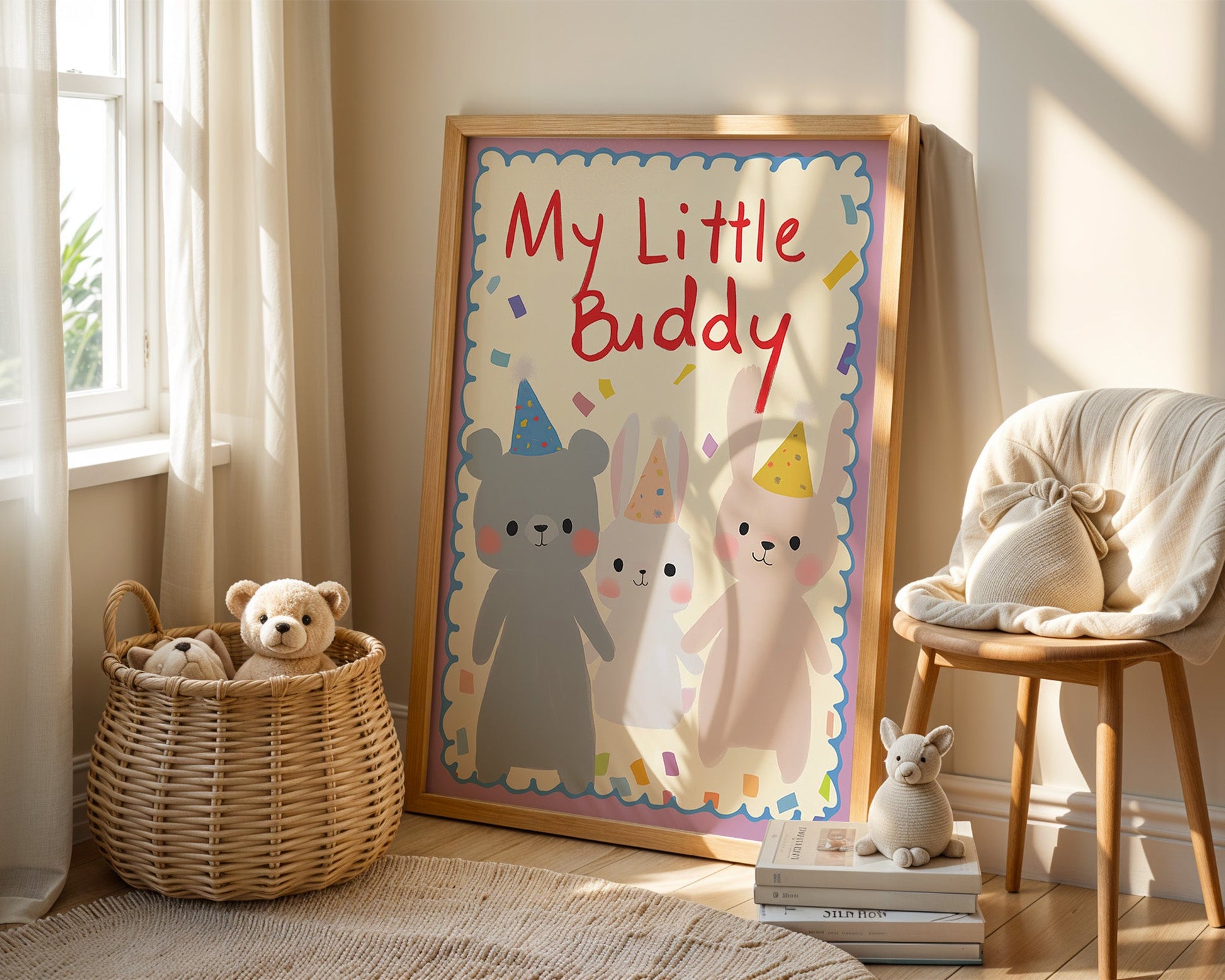 Poster Kinderzimmer Tiere · My Little Buddy · Bär & Hasen mit Partyhüten · Freundschaft & Spaß · Geschenkidee · Ohne Rahmen-2