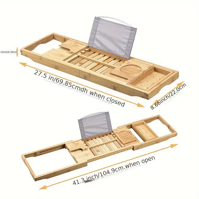 Stretchable Bamboo Bathtub and Bath Storage Rack - Natural Color-4