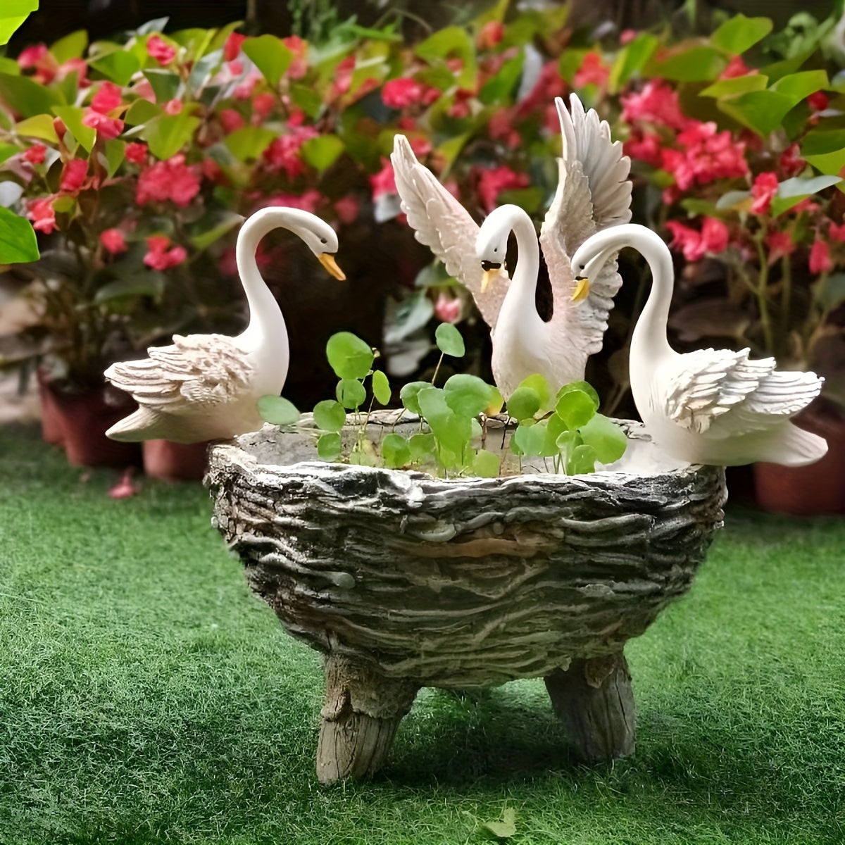 Swan Resin Flower Pot with Rattan Accent-3