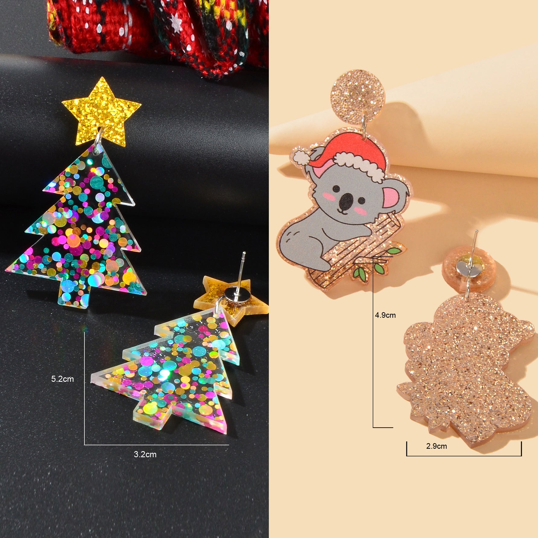 2 pairs Christmas Festival Jewelry Sequin Decor Acrylic Tree Koala Earrings set-2