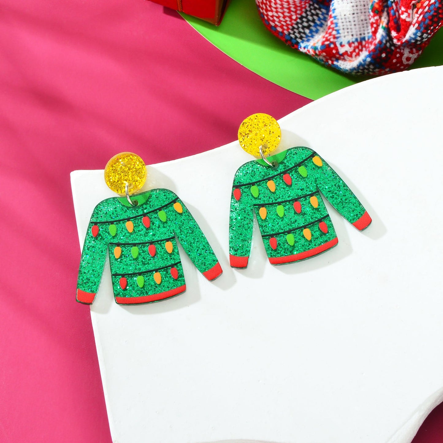 Christmas Festival Jewelry Colored Lights Decor Green Clothes Acrylic Earrings-4