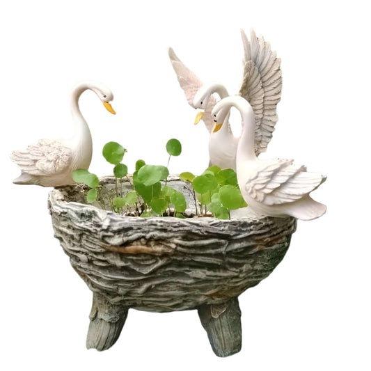 Swan Resin Flower Pot with Rattan Accent-0