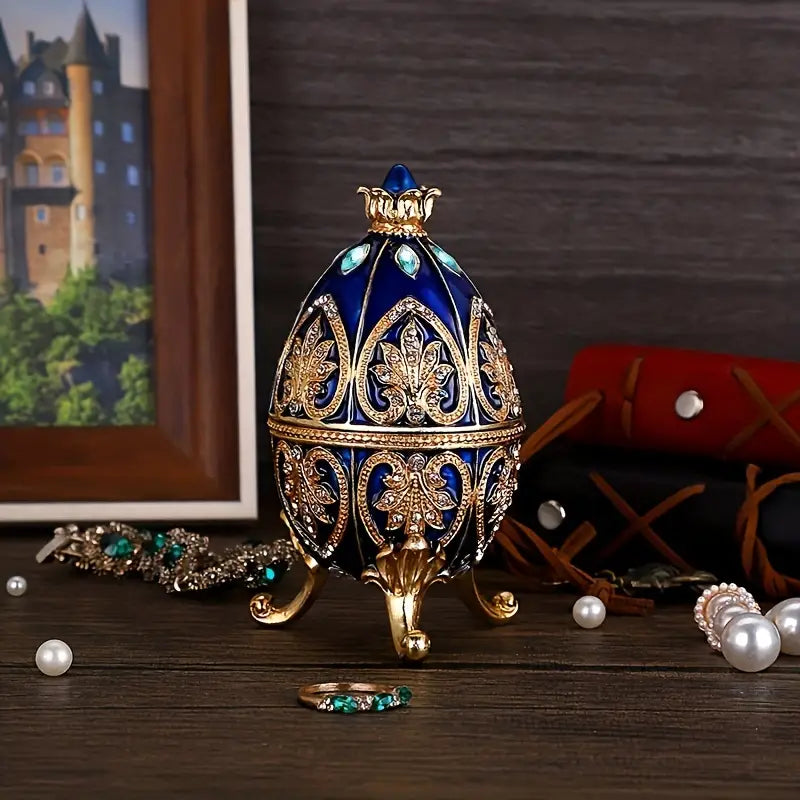 Enameled Faberge Egg Style Jewelry Box - Dark Blue-3