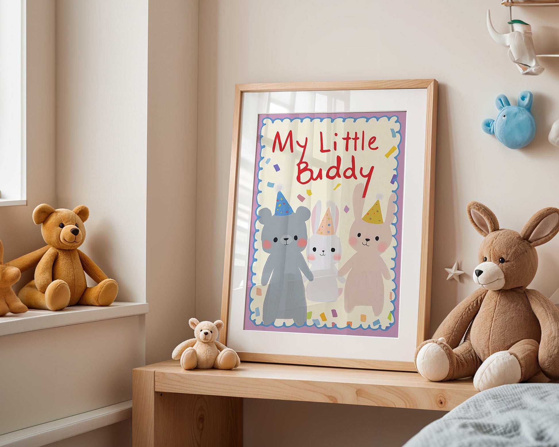 Poster Kinderzimmer Tiere · My Little Buddy · Bär & Hasen mit Partyhüten · Freundschaft & Spaß · Geschenkidee · Ohne Rahmen-3