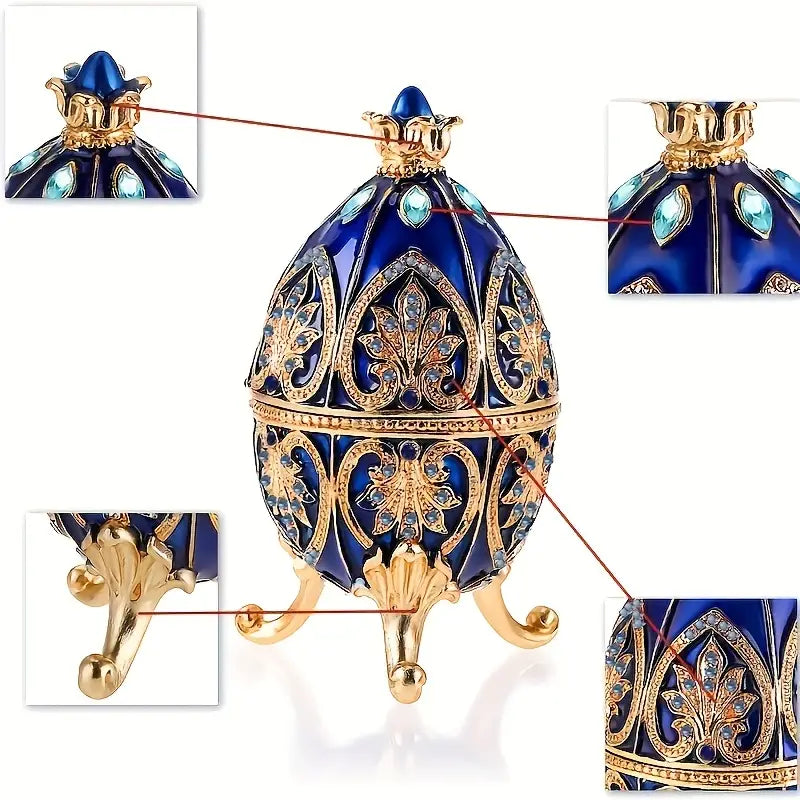 Enameled Faberge Egg Style Jewelry Box - Dark Blue-2
