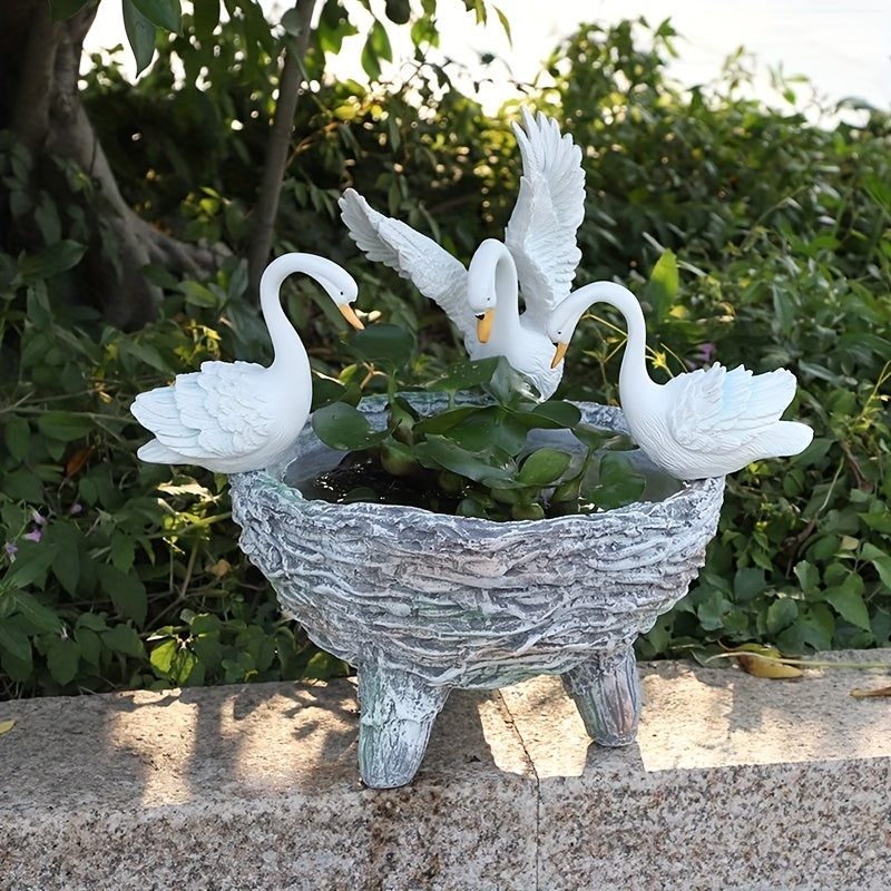 Swan Resin Flower Pot with Rattan Accent-2