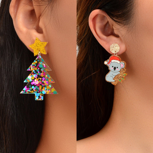2 pairs Christmas Festival Jewelry Sequin Decor Acrylic Tree Koala Earrings set-1