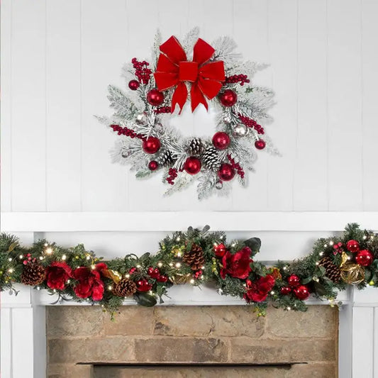 Christmas Wreath with Bow and Plush Flowers-1