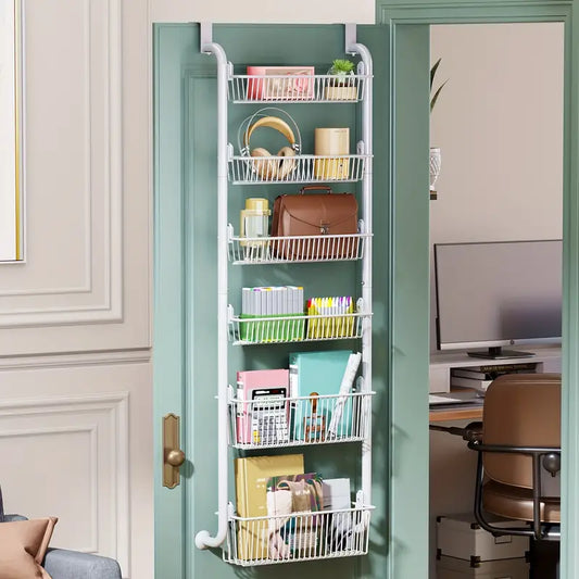 White Multi-Layer Metal Hanging Storage Basket - Over the Door Organizer with 6 Tiers-1