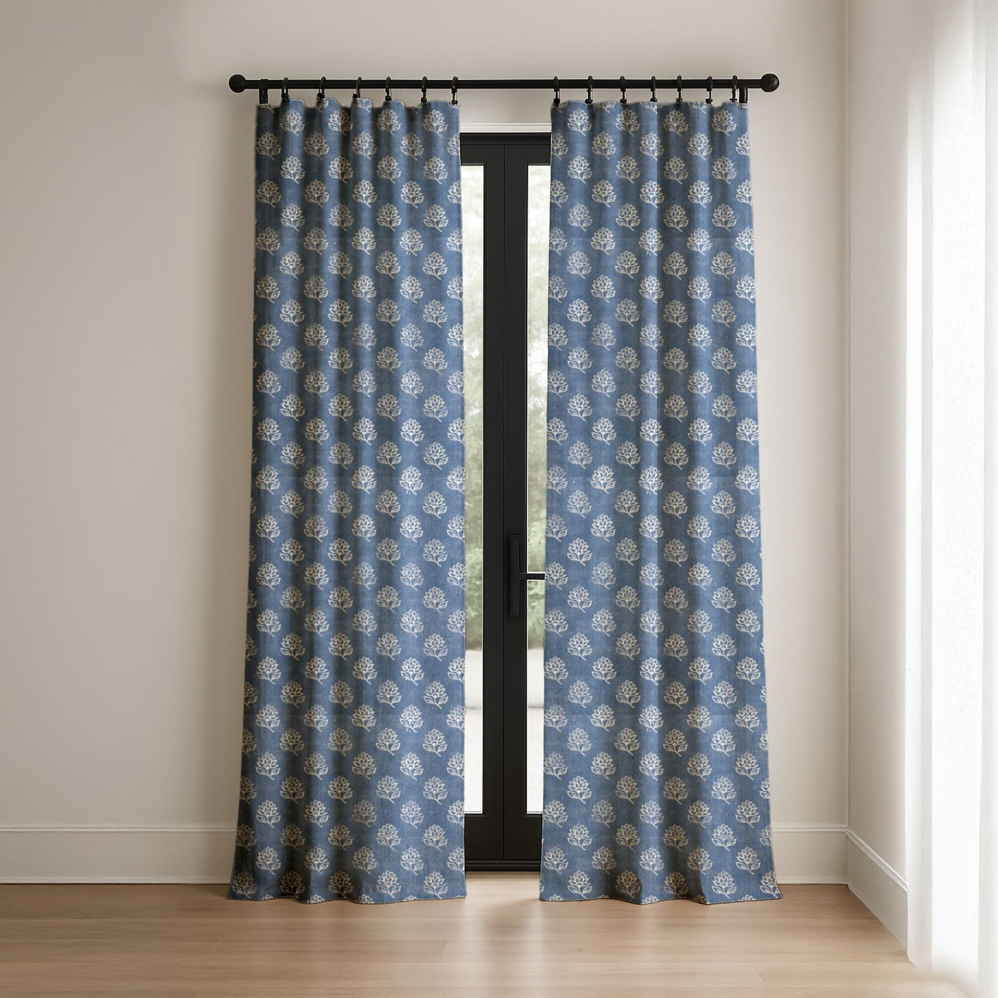 Aurelia Block Print Floral Linen Curtains UK | 3 Colours | Custom Size, Blackout & Cotton Lined-2