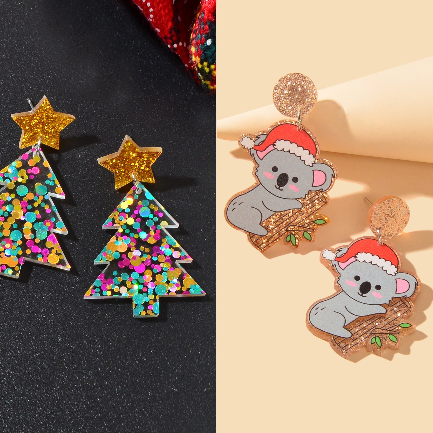 2 pairs Christmas Festival Jewelry Sequin Decor Acrylic Tree Koala Earrings set-3