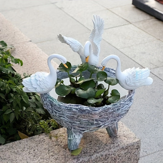 Swan Resin Flower Pot with Rattan Accent-1