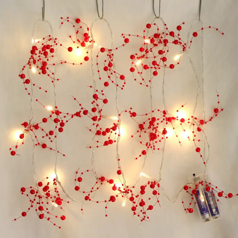 Red Pearl Chain String Lights - 20 LED Lighted Berry Beaded Garland-2
