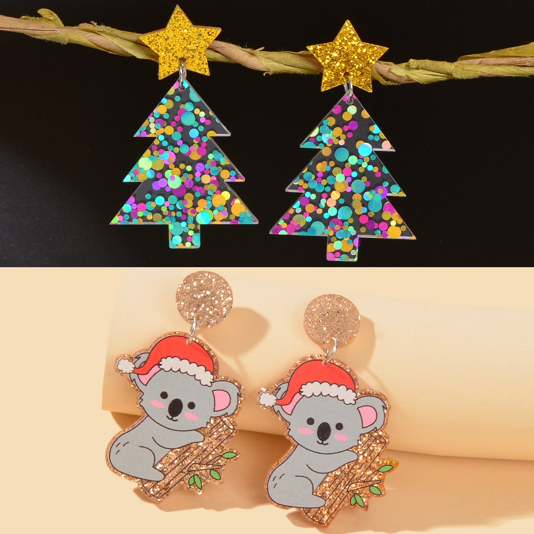 2 pairs Christmas Festival Jewelry Sequin Decor Acrylic Tree Koala Earrings set-4