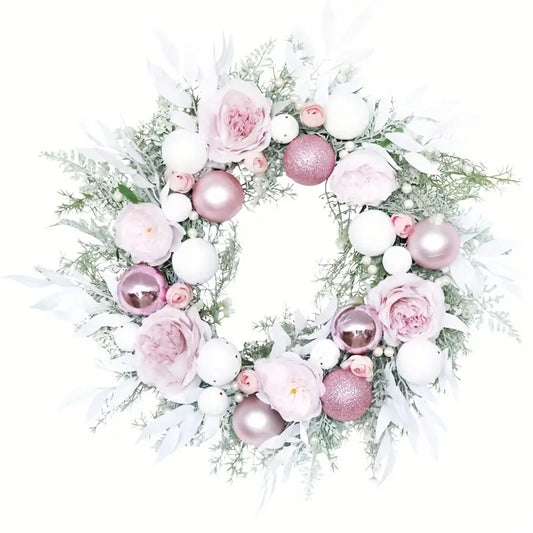 Blushing Elegance: A Pink Christmas Wreath Adorned with Baubles-0
