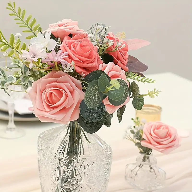 25-Piece Retro Deep and Light Coral Artificial Roses Set with Real Touch Feel-3