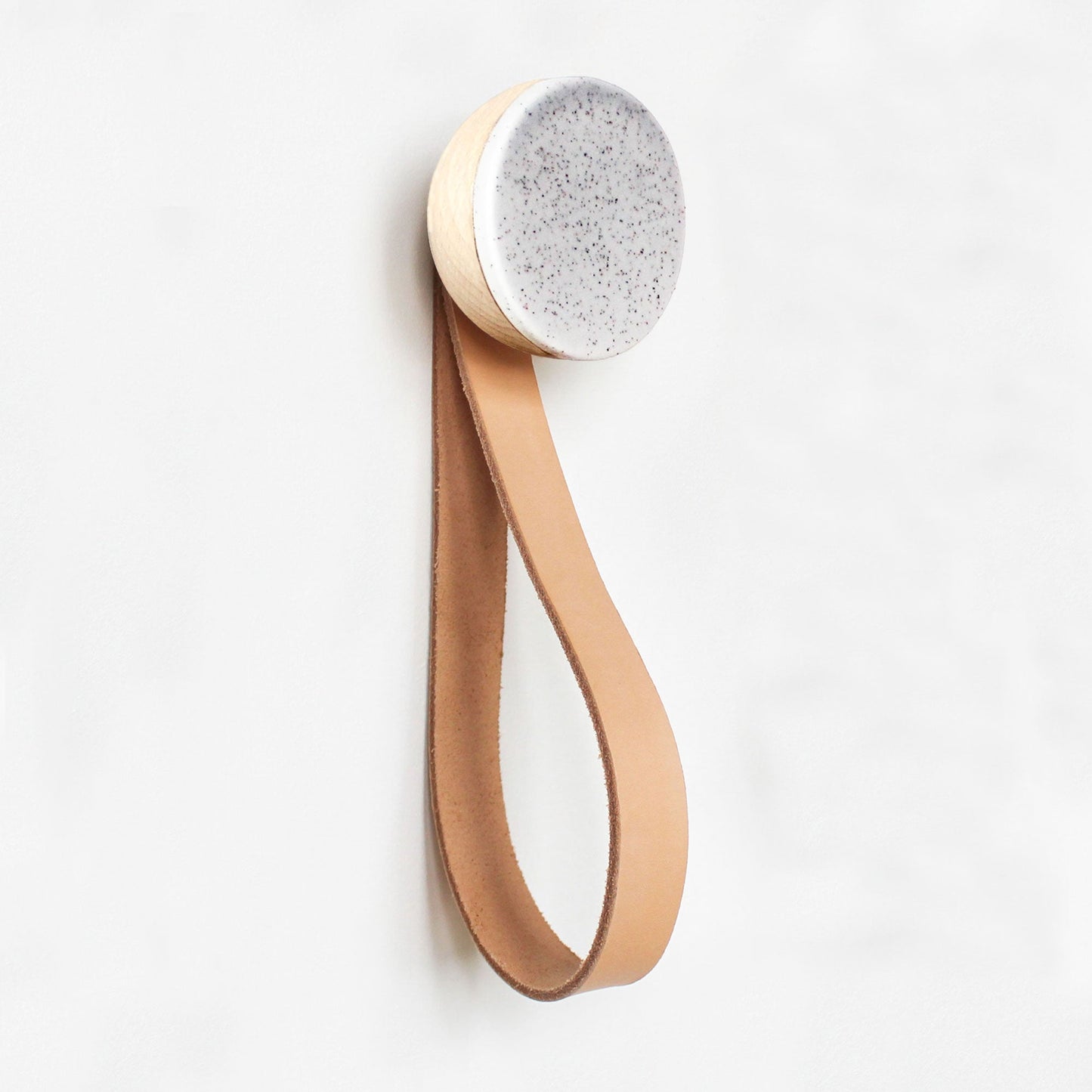 Round Beech Wood & Ceramic Wall Mounted Coat Hook / Hanger with Leather Strap - Grey Sand-1