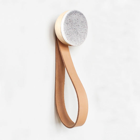 Round Beech Wood & Ceramic Wall Mounted Coat Hook / Hanger with Leather Strap - Grey Sand-1