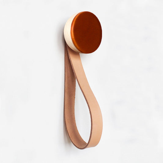 Round Beech Wood & Ceramic Wall Mounted Coat Hook / Hanger with Leather Strap - Dark Terracotta Orange-1