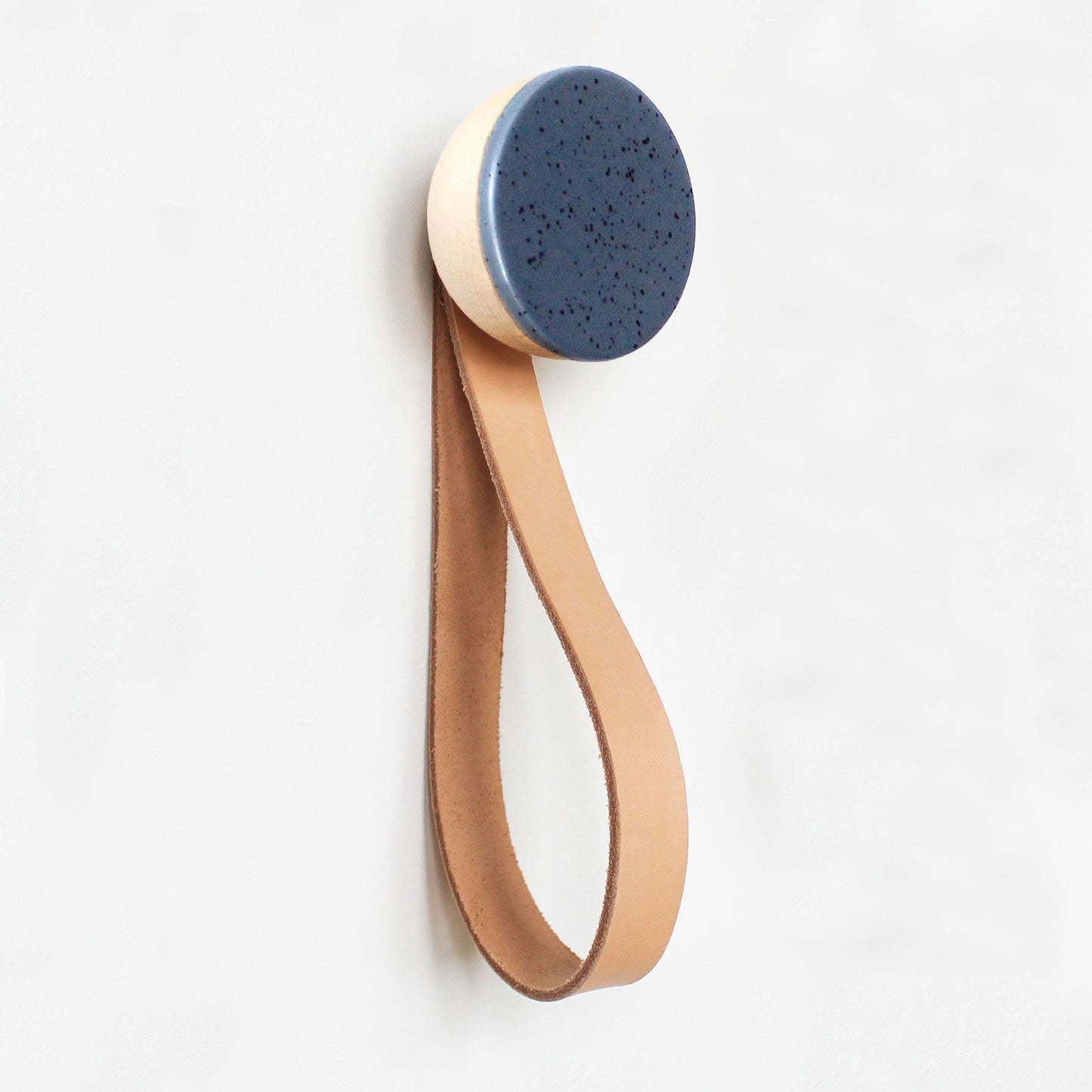 Round Beech Wood & Ceramic Wall Mounted Coat Hook / Hanger with Leather Strap - Blue Black Specks-5